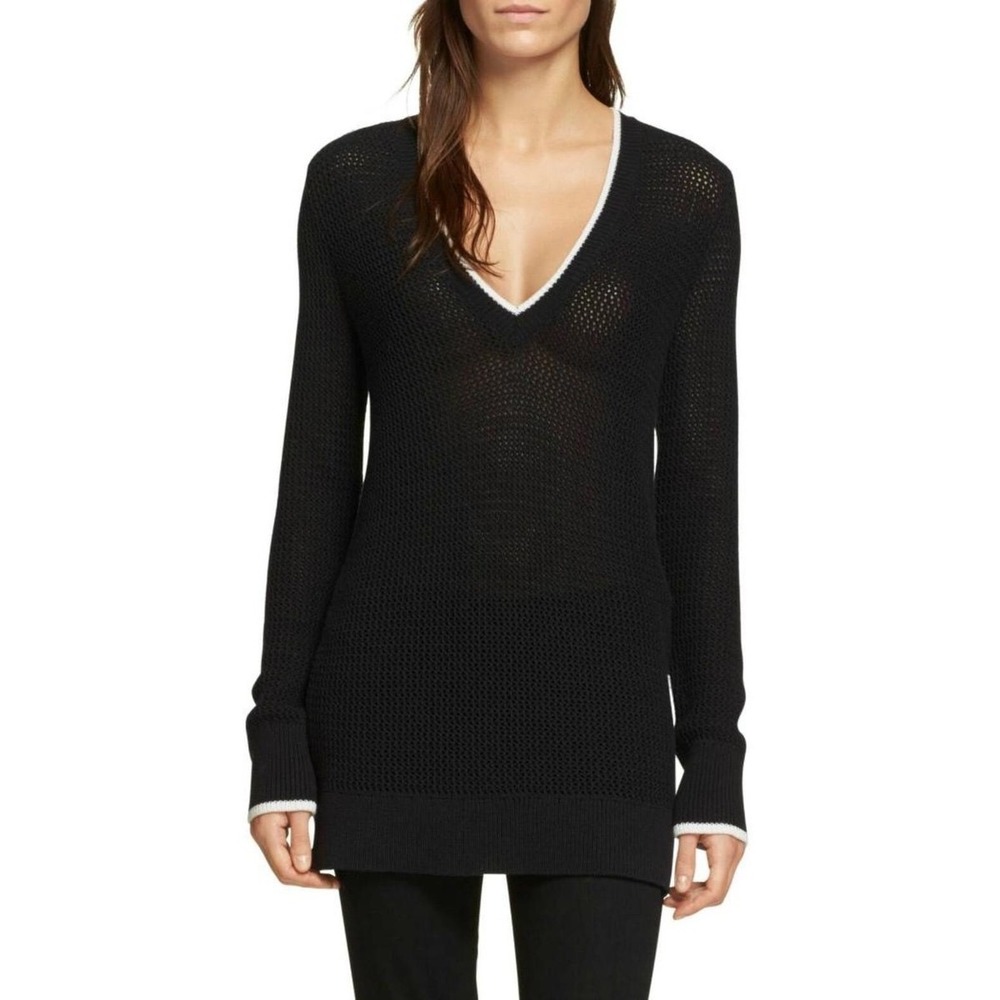 Rag & Bone Elizabeth Black Open Knit V-Neck Sweater White Trim Size S